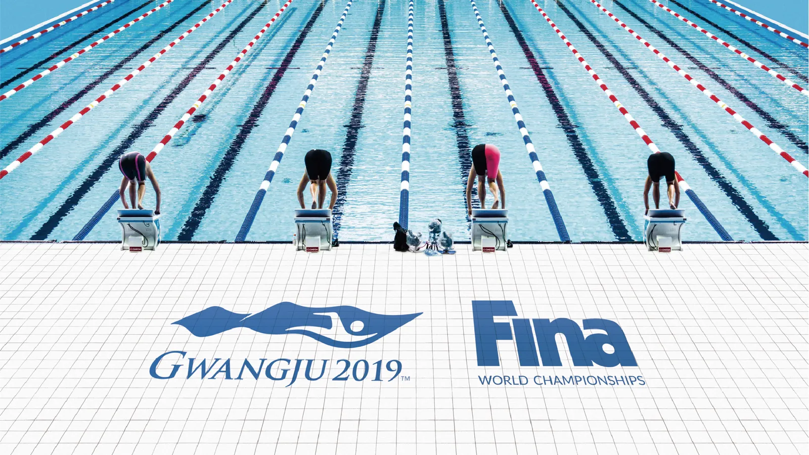 경영장 레인 위 GWANGJU 2019 엠블럼·FINA 로고
