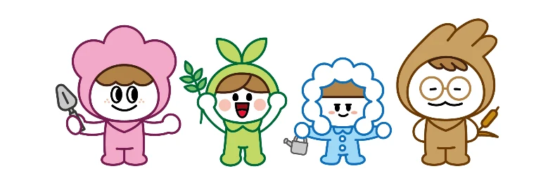분홍 꽃과 새싹, 흰 꽃과 나무를 형상화한 순천 정원 가족 네 캐릭터